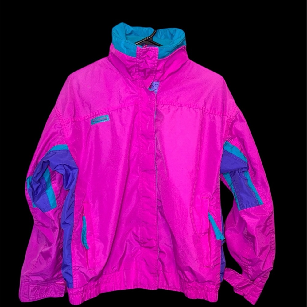 Retro Columbia Pink and Purple Ski Jacket with Stand-Up Collar